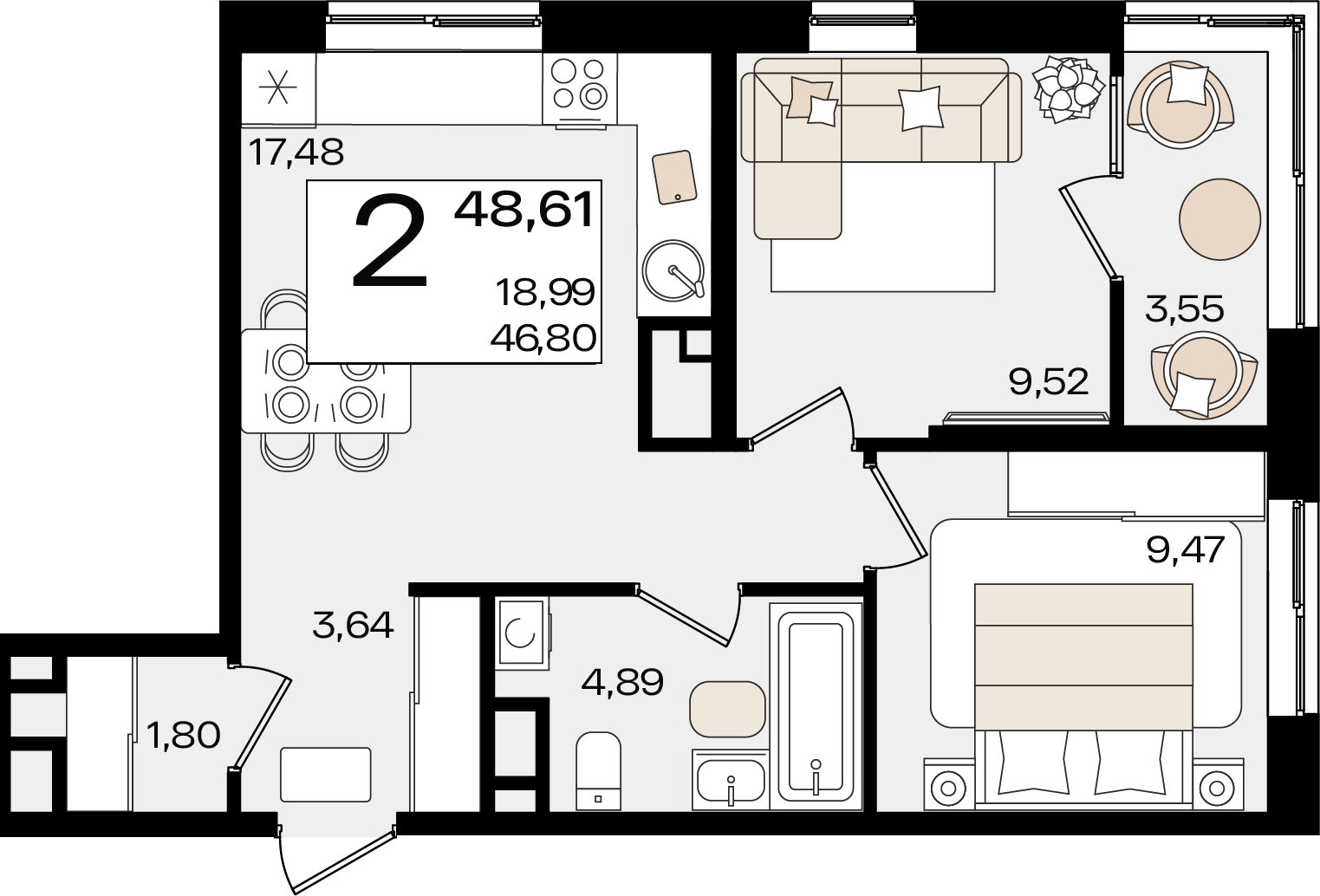 2 комн. квартира, 48.6 м², 6 этаж 