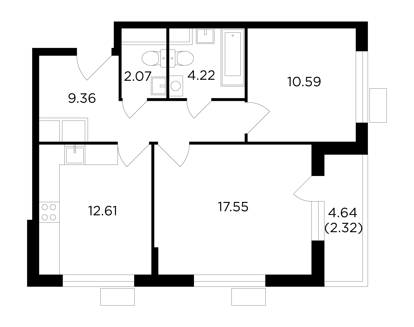 2 комн. квартира, 58.9 м², 4 этаж 