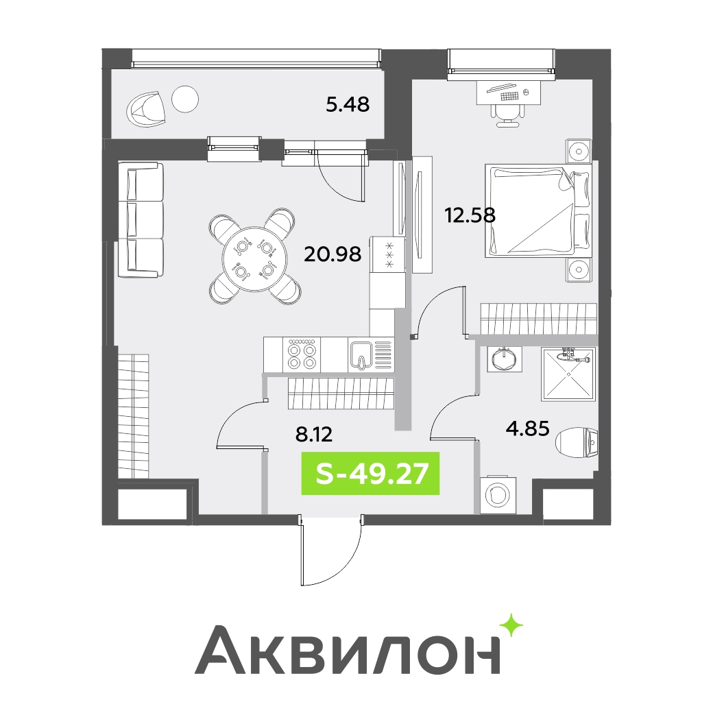 1 комн. квартира, 49.3 м², 1 этаж 