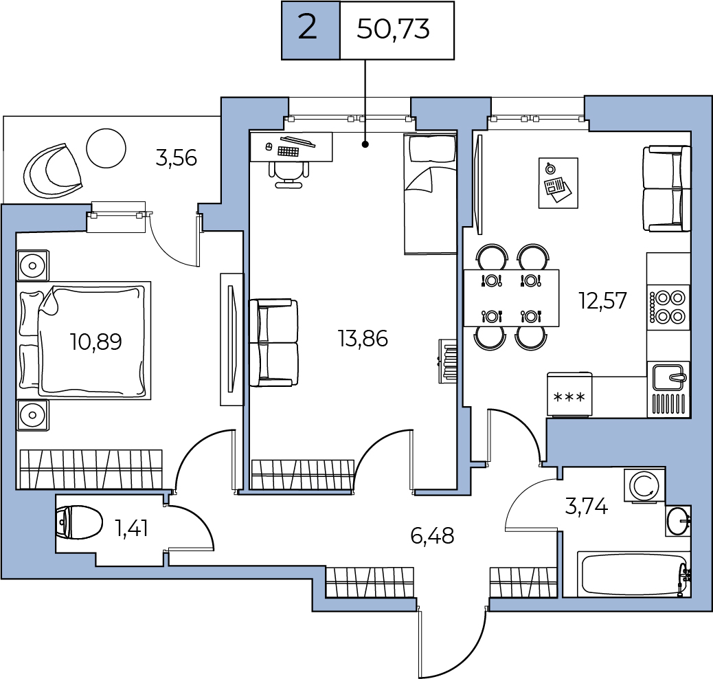 2 комн. квартира, 49.8 м², 23 этаж 