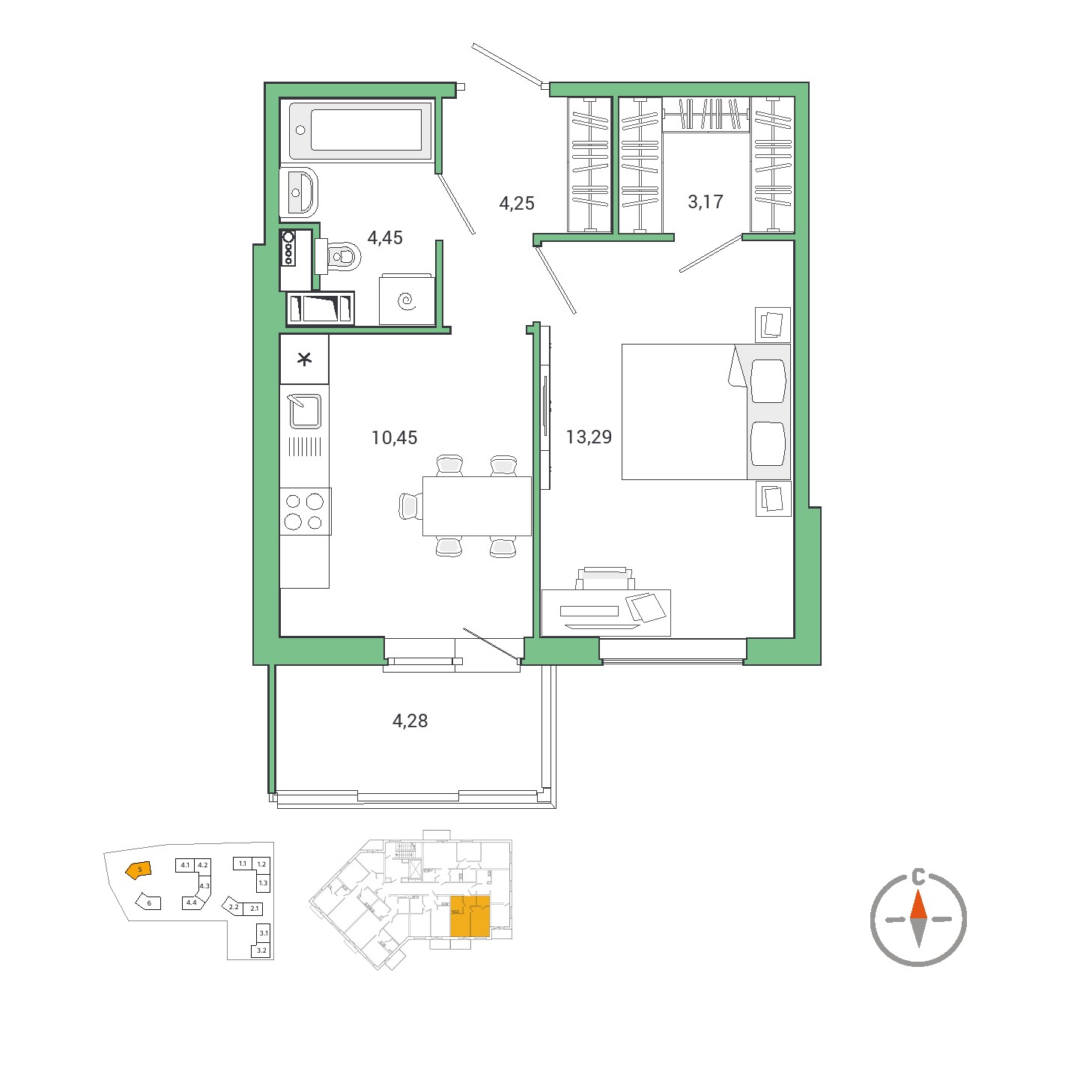 1 комн. квартира, 39.9 м², 4 этаж 