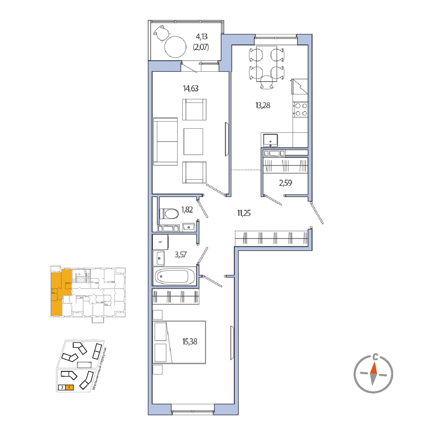 2 комн. квартира, 62.5 м², 2 этаж 