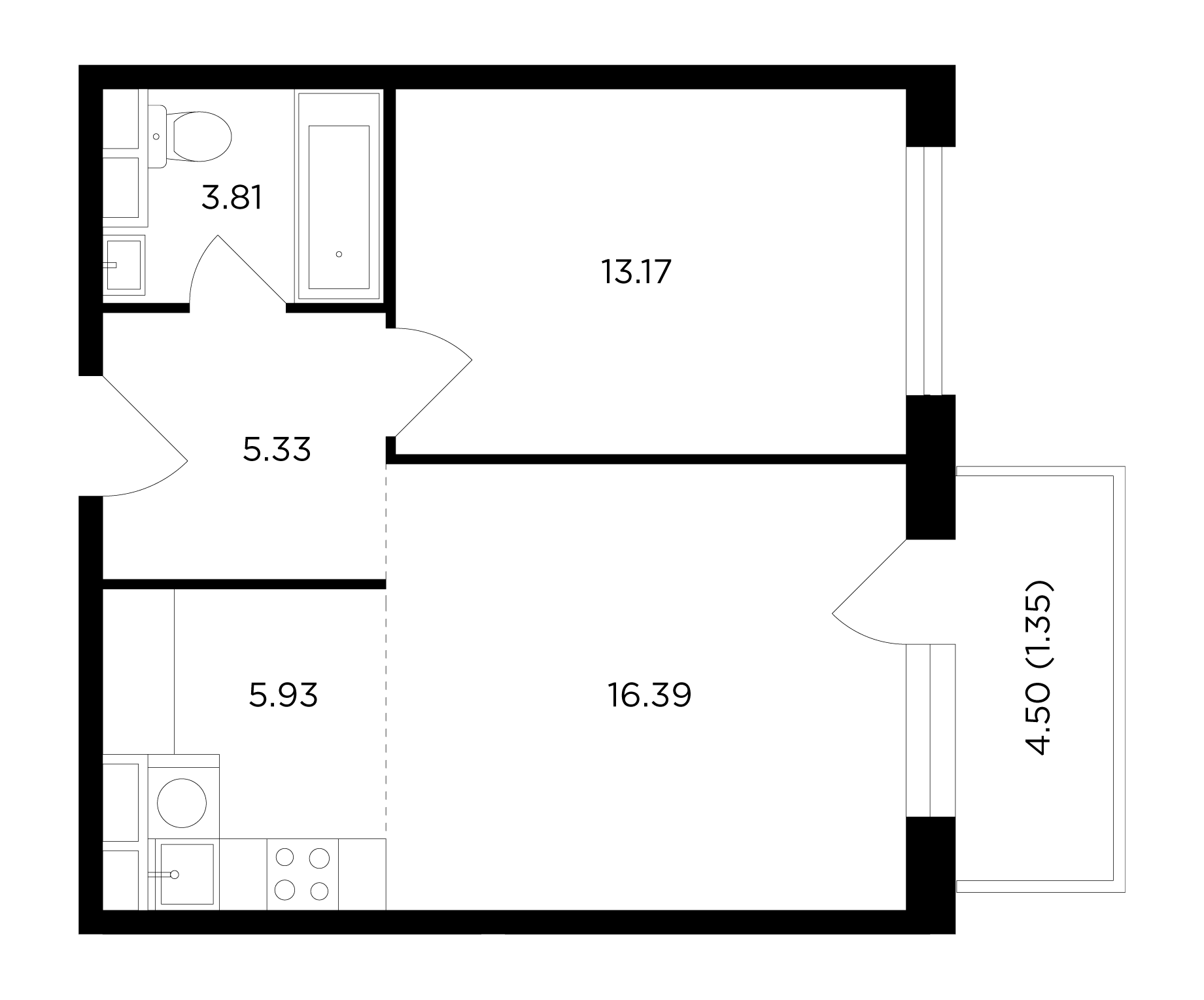 2 комн. квартира, 45.9 м², 4 этаж 
