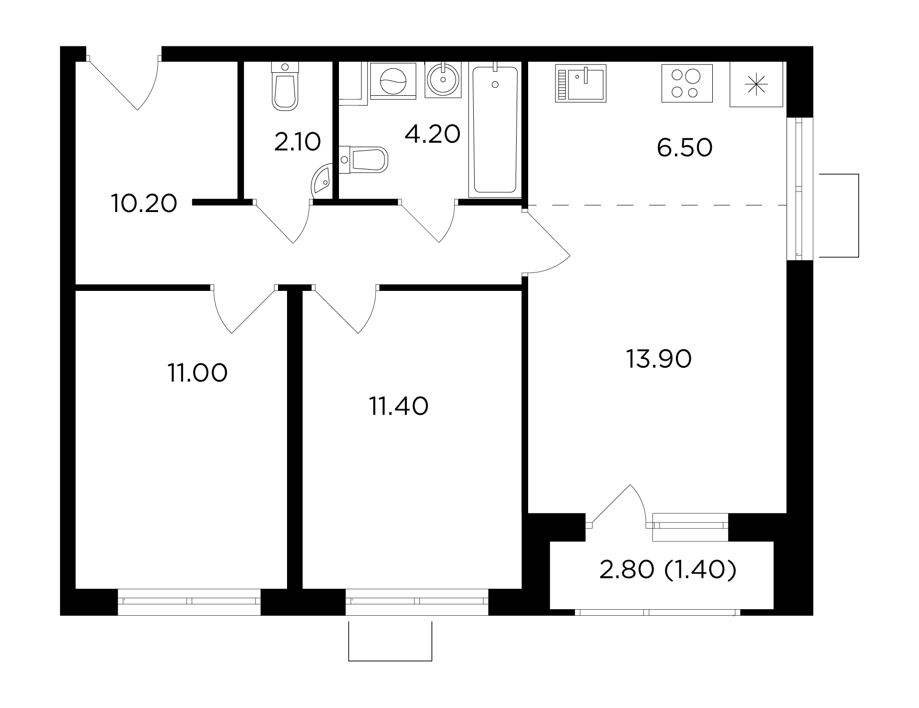 3 комн. квартира, 60.7 м², 13 этаж 