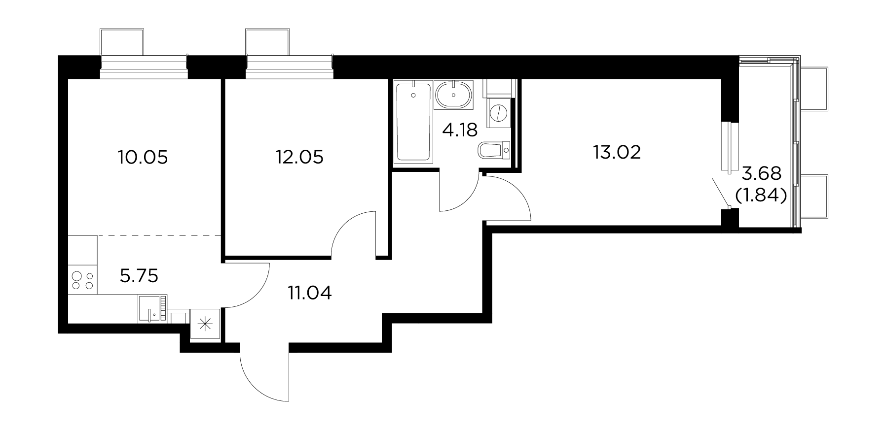 3 комн. квартира, 57.9 м², 3 этаж 