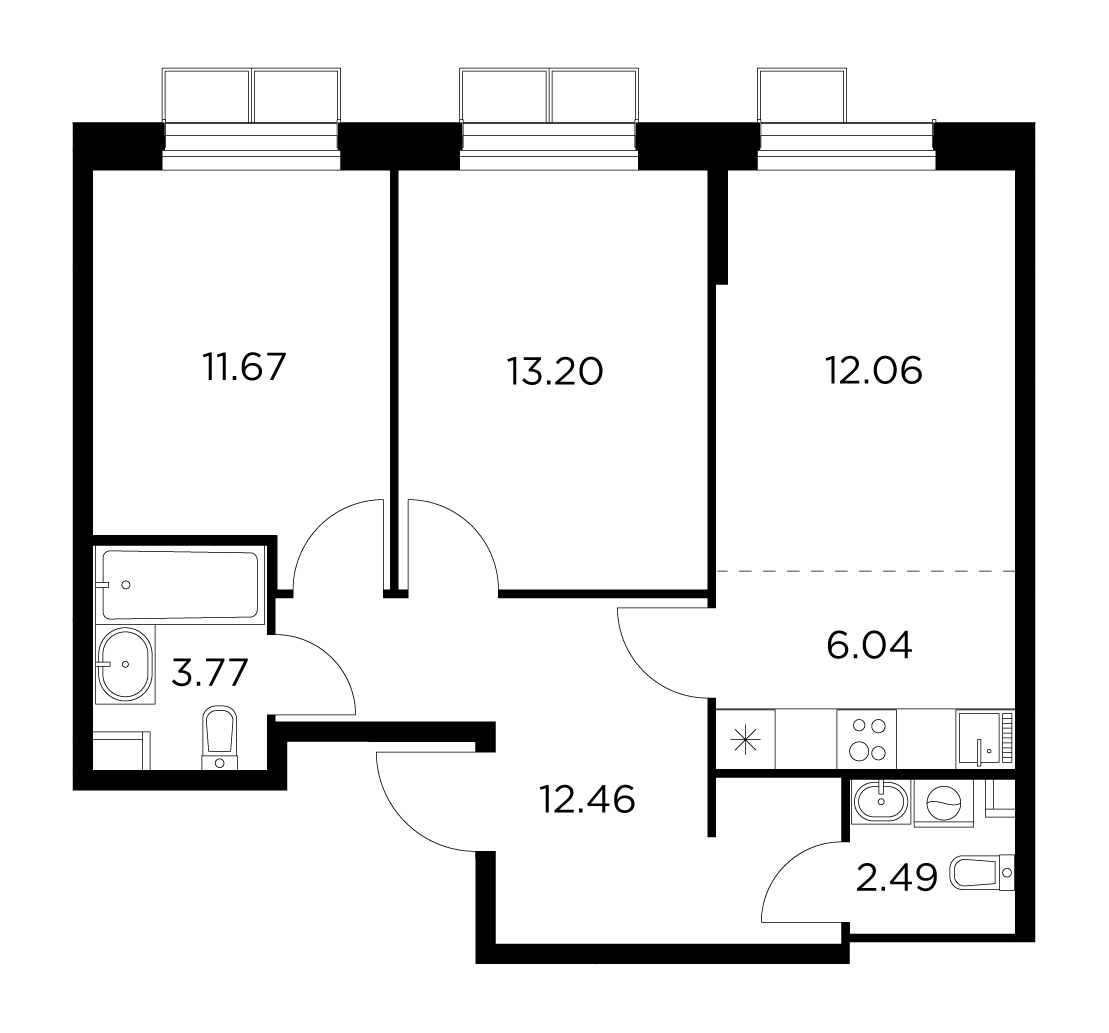 3 комн. квартира, 61.7 м², 3 этаж 
