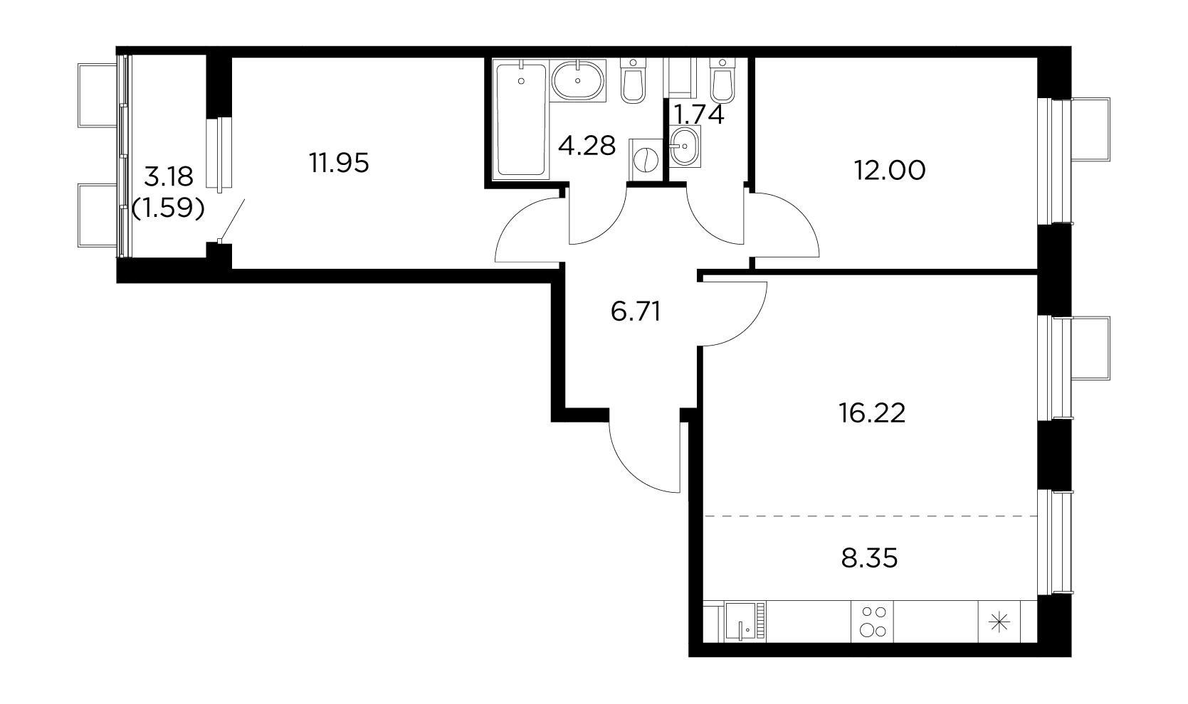 3 комн. квартира, 62.8 м², 2 этаж 