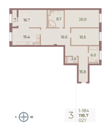 3 комн. квартира, 118.7 м², 8 этаж 