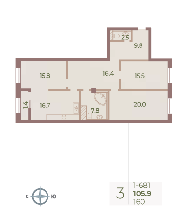 3 комн. квартира, 105.9 м², 8 этаж 