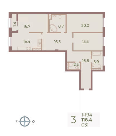 3 комн. квартира, 118.4 м², 9 этаж 
