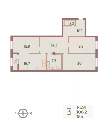 3 комн. квартира, 106.2 м², 9 этаж 