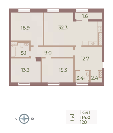 3 комн. квартира, 114 м², 9 этаж 