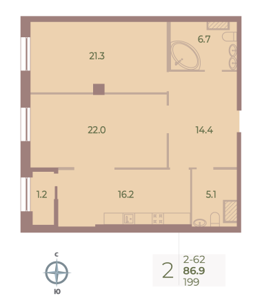 2 комн. квартира, 86.9 м², 6 этаж 