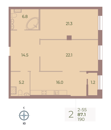 2 комн. квартира, 87.1 м², 5 этаж 