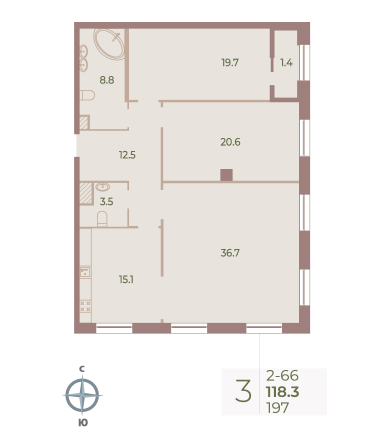 3 комн. квартира, 118.3 м², 6 этаж 