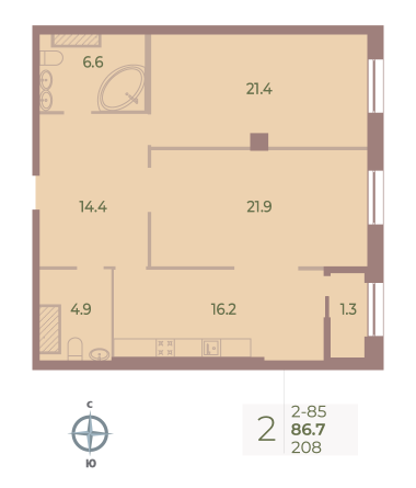 2 комн. квартира, 86.7 м², 8 этаж 