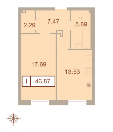 1 комн. квартира, 46.4 м², 1 этаж 