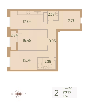 2 комн. квартира, 79.5 м², 9 этаж 