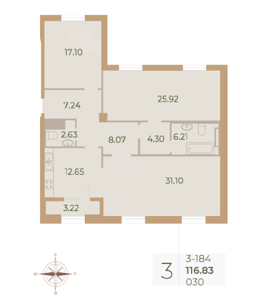 3 комн. квартира, 116.9 м², 8 этаж 