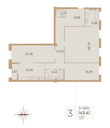 3 комн. квартира, 143.3 м², 8 этаж 