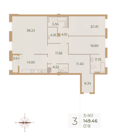 3 комн. квартира, 149.6 м², 6 этаж 