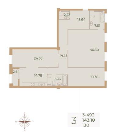 3 комн. квартира, 142.9 м², 9 этаж 