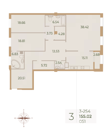 3 комн. квартира, 155.3 м², 5 этаж 