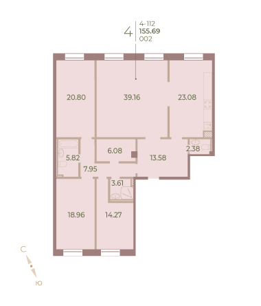 4 комн. квартира, 155.5 м², 1 этаж 