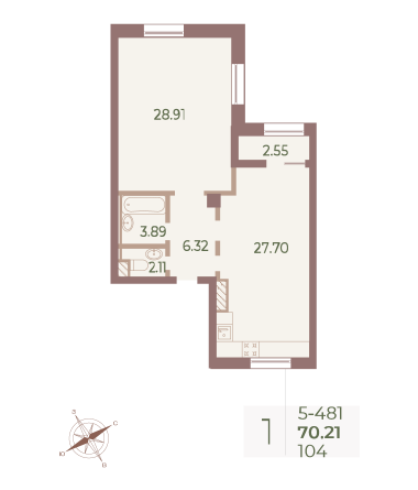 1 комн. квартира, 70 м², 8 этаж 