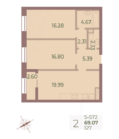 2 комн. квартира, 69.2 м², 7 этаж 