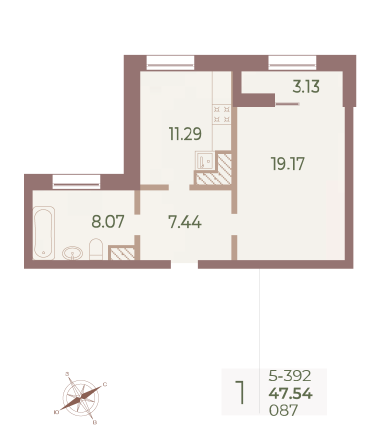 1 комн. квартира, 47.6 м², 9 этаж 