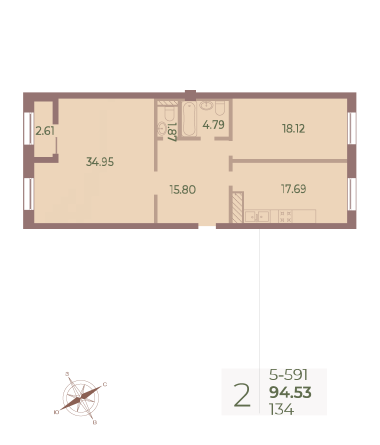 2 комн. квартира, 94.6 м², 9 этаж 