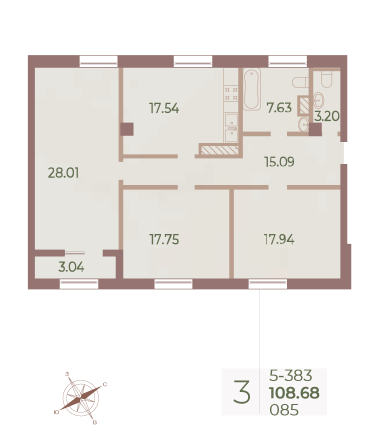 3 комн. квартира, 108.9 м², 8 этаж 