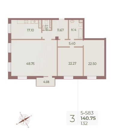 3 комн. квартира, 140.9 м², 8 этаж 