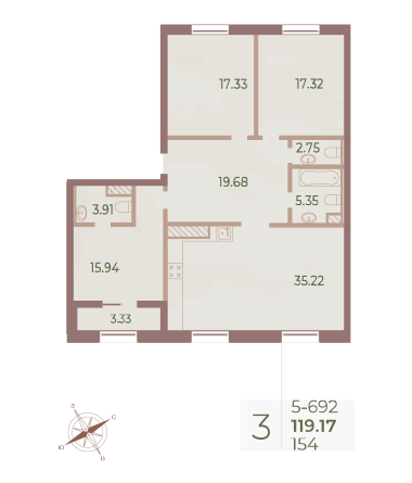 3 комн. квартира, 118.5 м², 9 этаж 