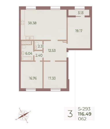 3 комн. квартира, 116.8 м², 9 этаж 