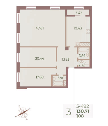 3 комн. квартира, 129.8 м², 9 этаж 