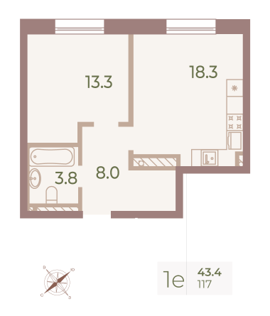 1 комн. квартира, 43.2 м², 7 этаж 