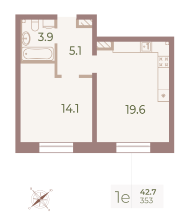 1 комн. квартира, 42.5 м², 9 этаж 