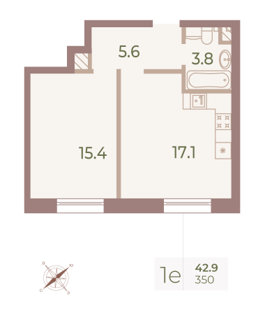 1 комн. квартира, 42.8 м², 9 этаж 