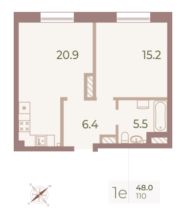 1 комн. квартира, 47.8 м², 6 этаж 