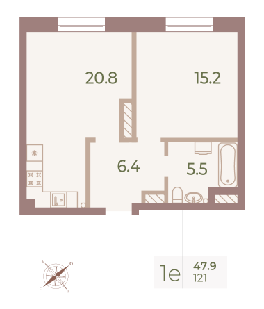1 комн. квартира, 47.9 м², 7 этаж 
