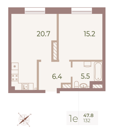 1 комн. квартира, 47.7 м², 8 этаж 