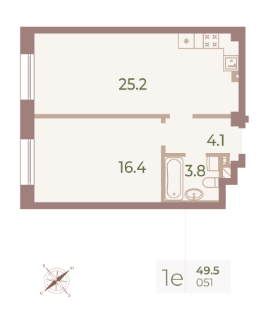 1 комн. квартира, 49.6 м², 8 этаж 