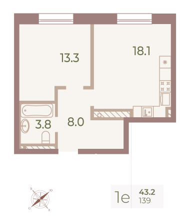 1 комн. квартира, 42.9 м², 9 этаж 