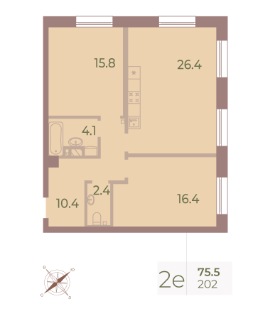 2 комн. квартира, 75.2 м², 4 этаж 