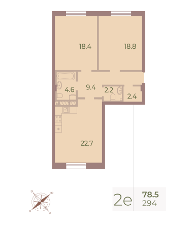 2 комн. квартира, 78.2 м², 8 этаж 