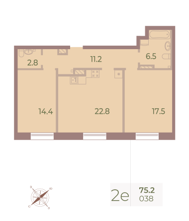 2 комн. квартира, 75.1 м², 6 этаж 