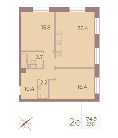 2 комн. квартира, 74.1 м², 8 этаж 