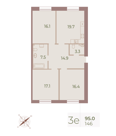 3 комн. квартира, 95.1 м², 1 этаж 